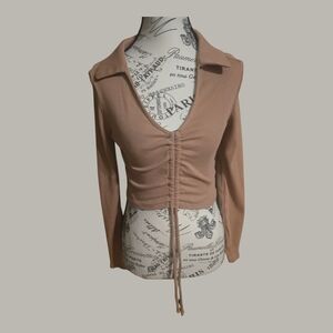 Timing Brown Ribbed‎ Long Sleeve Crop Top